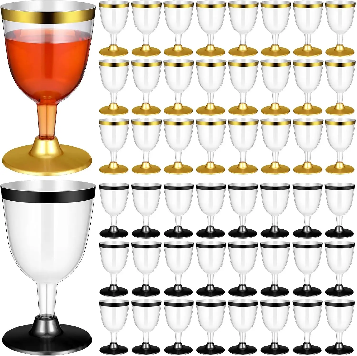 

50 Pcs Black Gold Rimmed Disposable Wine Glasses 6 oz Champagne Flutes for Wedding Party
