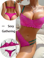 Women's Sexy Lace Bra and Underwear Set Rose Red Flower Transparent 3/4 Cup Push Up Bra Set MR2687