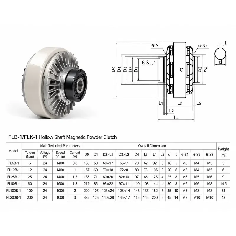 5kg Hollow Shaft Magnetic Powder Clutch FL50B-1 · Winding Brake Tension Control for Bagging Printing Packaging Dyeing Machine