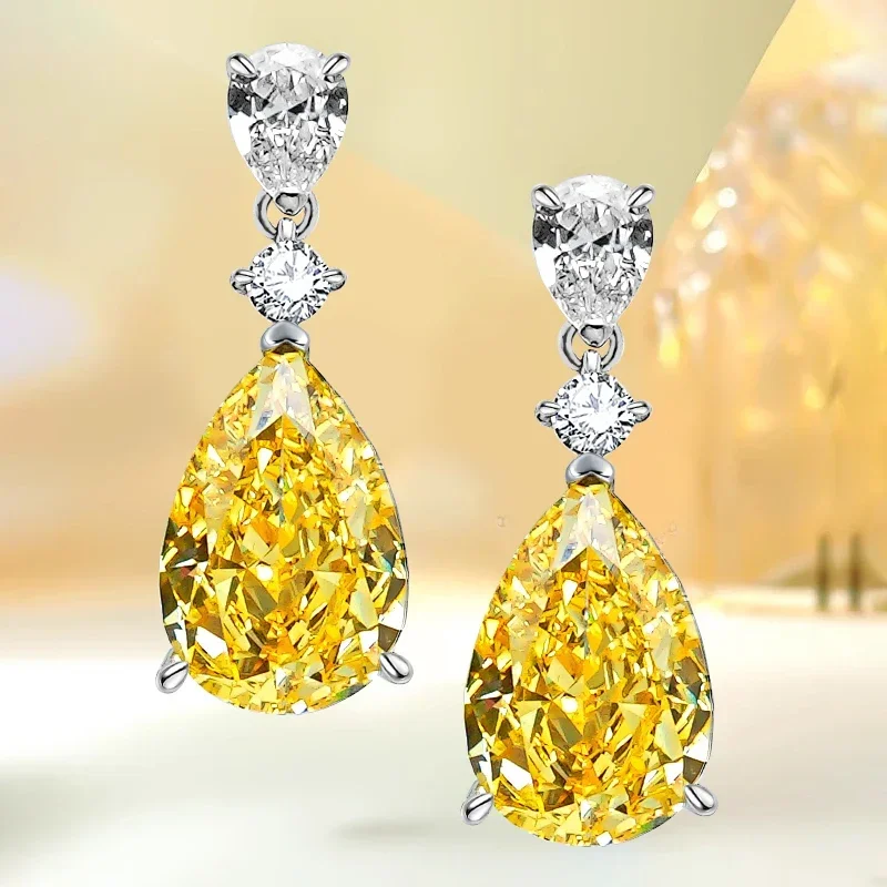 

New Water Drop Yellow Diamond Earrings s925 Sterling Silver Set with High Carbon Diamond Light Luxury Wedding Jewelry Wholesale