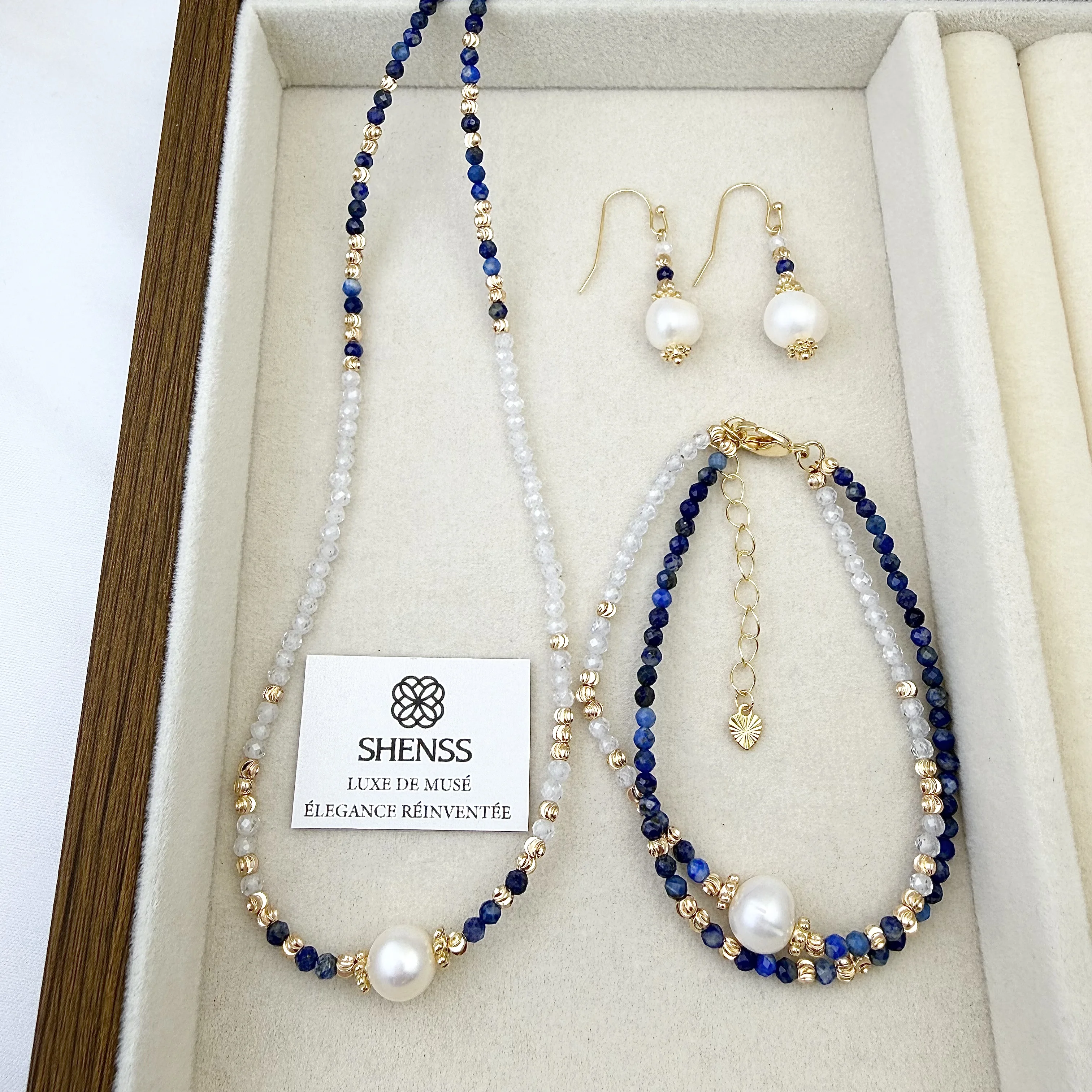 Lapis Lazuli & Zircon Pearl Jewelry Set Luxury Blue-White Contrast Necklace Bracelet Earrings Elegant Versatile Gift for Her view 3