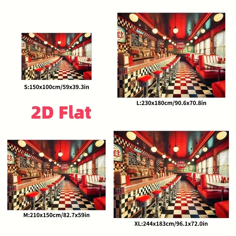2D-Retro-Wandbild im amerikanischen Restaurant-Stil – Fotohintergrund aus Polyestergewebe im Stil der 1950er Jahre, mit kariertem Boden und Neonlichtern – Detail 7