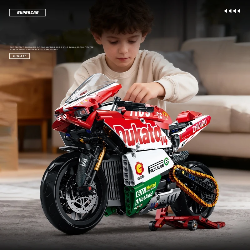 Disponibile 723 pezzi moto da corsa tecnica famosa moto V4 blocchi di costruzione mattoni modello giocattoli set di regali per bambini di Natale