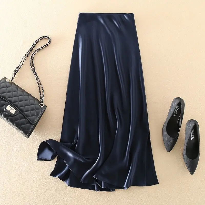 Satin glossy triacetic acid elastic elastic waist medium and long skirt solid color small A-shaped skirt