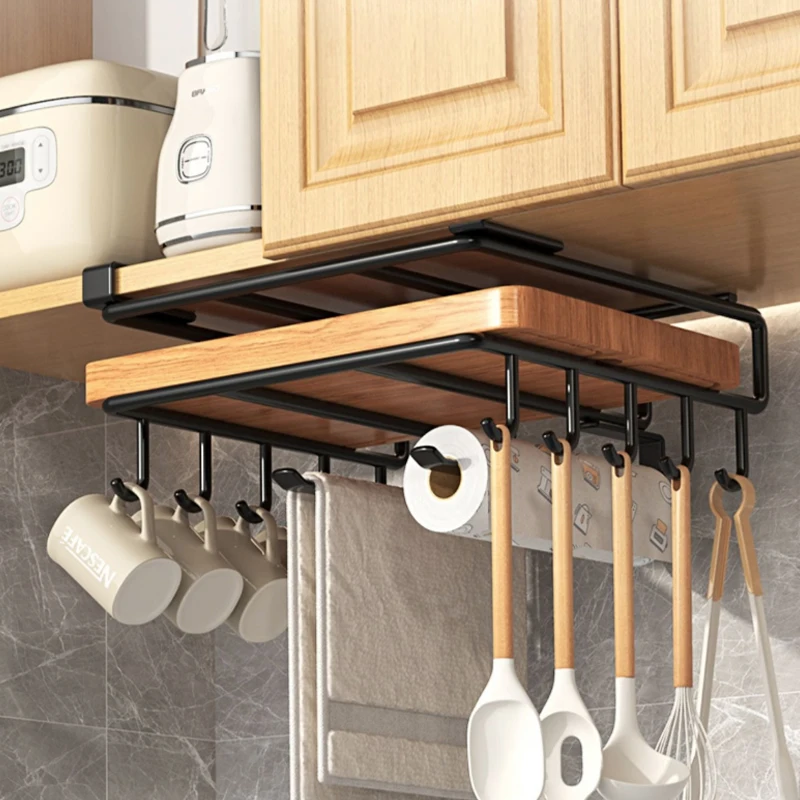 

Kitchen Hanging Organizer Rack with Hooks Under Cupboard Paper Towel Rags Hanger Cutting Board Pot Cover Holder Storage Shelf