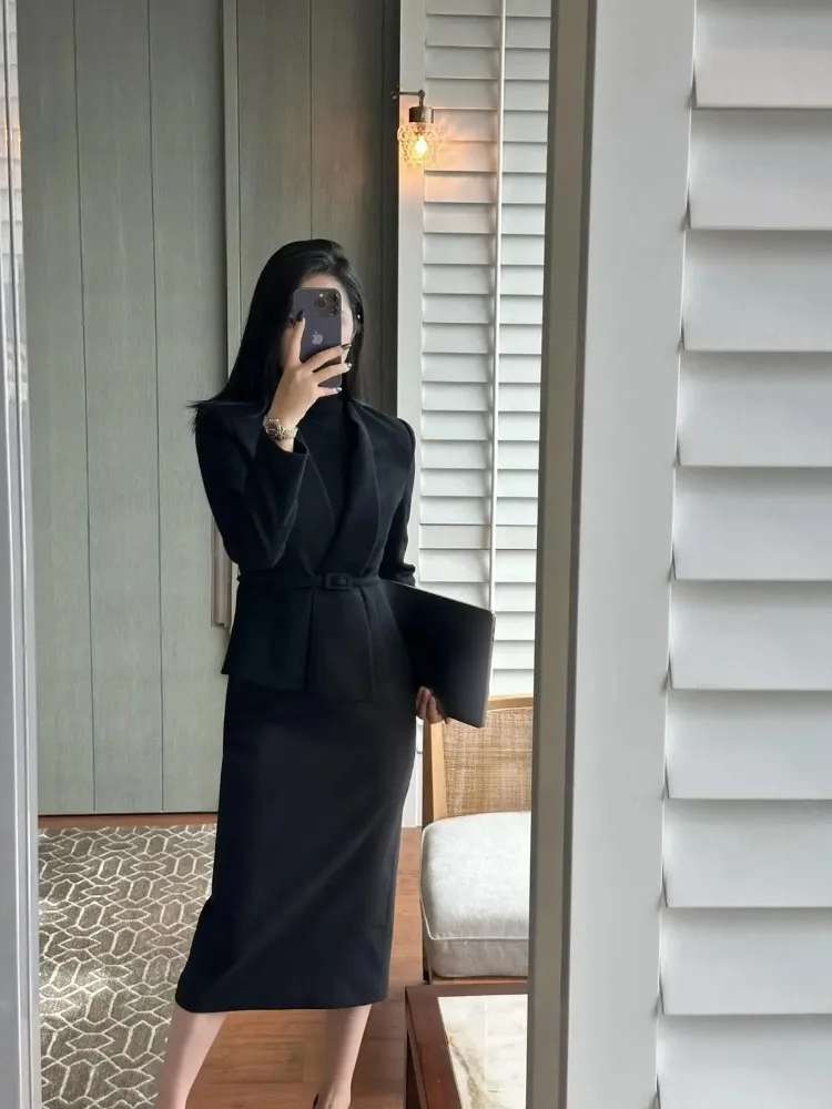 UNXX Autumn Vintage Casual Tie Up Jacket Half Skirt Sets Black Hepburn Style Waist Cinching Suit Half Skirt Two-piece Set Women