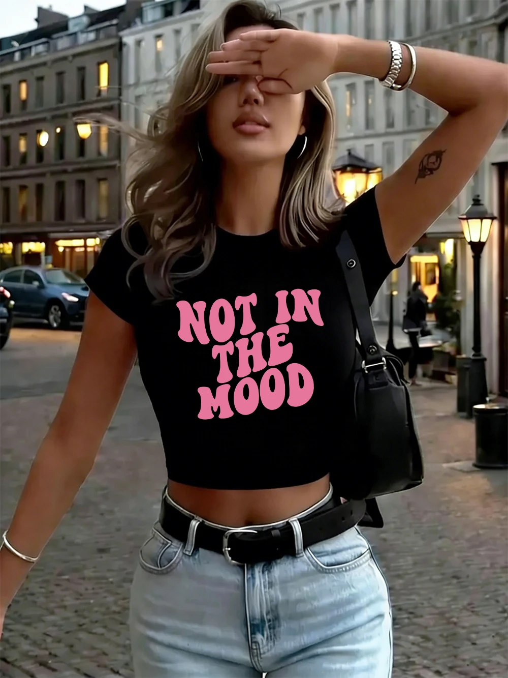 Not In The Mood Prints Damen Crop T-Shirts Sommer Hochelastisches O-Ausschnitt Tops Sexy Fitting Slim T-Shirt Bequeme weiche Kleidung