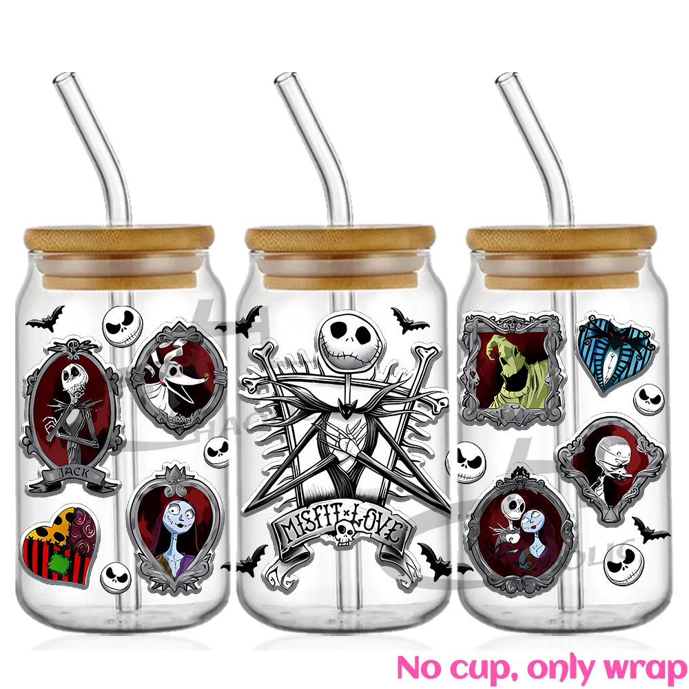 Jack And Sally UV DTF Cup Wrap for 16oz Libbey Glass Sticker Can Tumbler Transfer for Cup Wraps Libbey