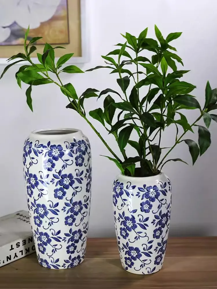 Jingdezhen Ceramic Blue and White Porcelain Retro Vase Creative Flower Arrangement New Chinese Advanced Flower Feeling Device Li