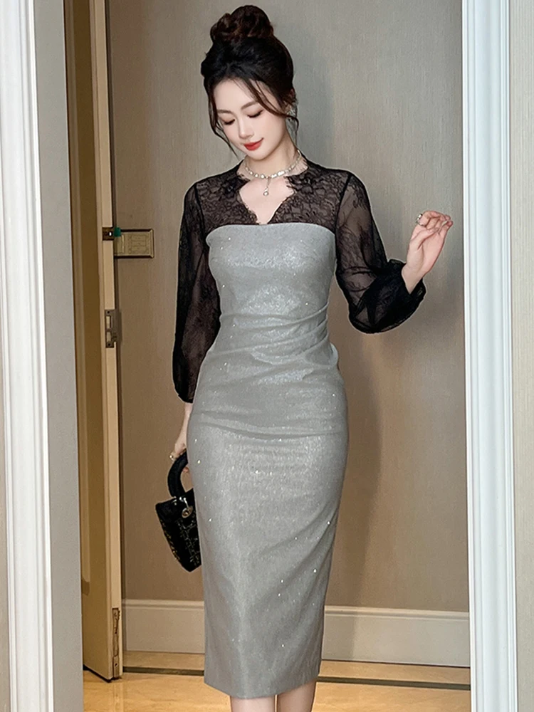 Women's Professional Dresses Woman Elegant Black Sheer Lace Long Sleeve Grey Folds Slim Midi Robe Business Party Vestidos Spring