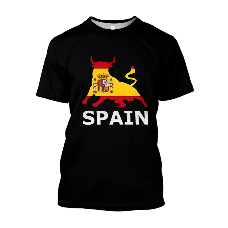 Spanish Flag Emblem T Shirts for Men 3D Bullfight Bull Print Black Tee Shirt Spain Totem T-shirt Womens Clothing Casual Kid Tops