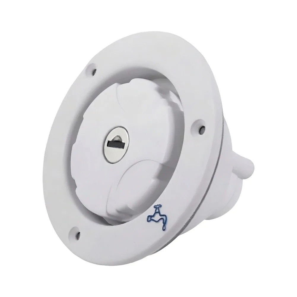 Freshwater Inlet for Trailers and Motorhomes Featuring Secure Lock Cap and Compatibility with Standard RV Plumbing