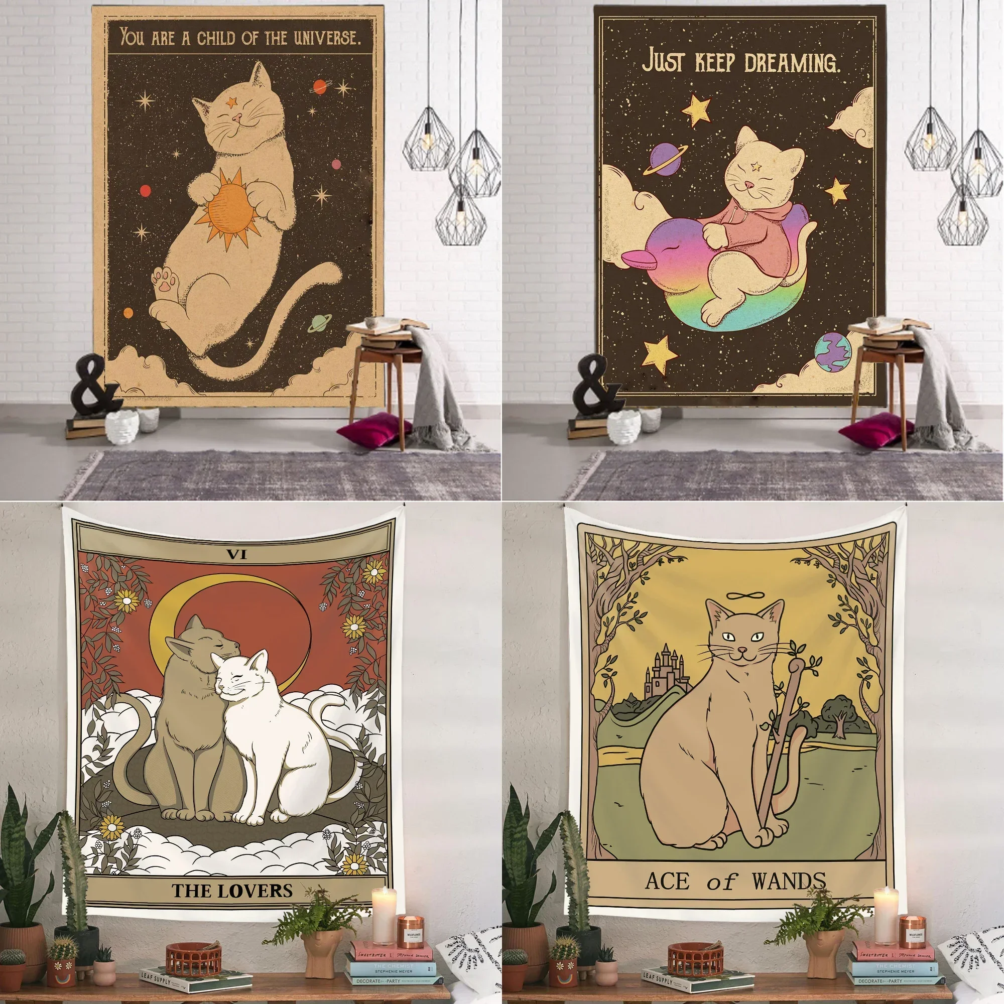 Sun Moon Tarot Cat Paw Tapestry Wall Hanging Bohemian Witchcraft Decoration Home Hippie Mattress Psychedelic Girl Tapestry Decor