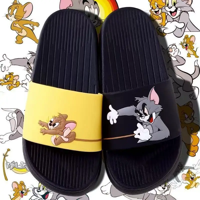 

drop shipping r‌eal pictures 2025 new summer comfortable cat and mouse cartoon plus size man women girls black fashion slippers