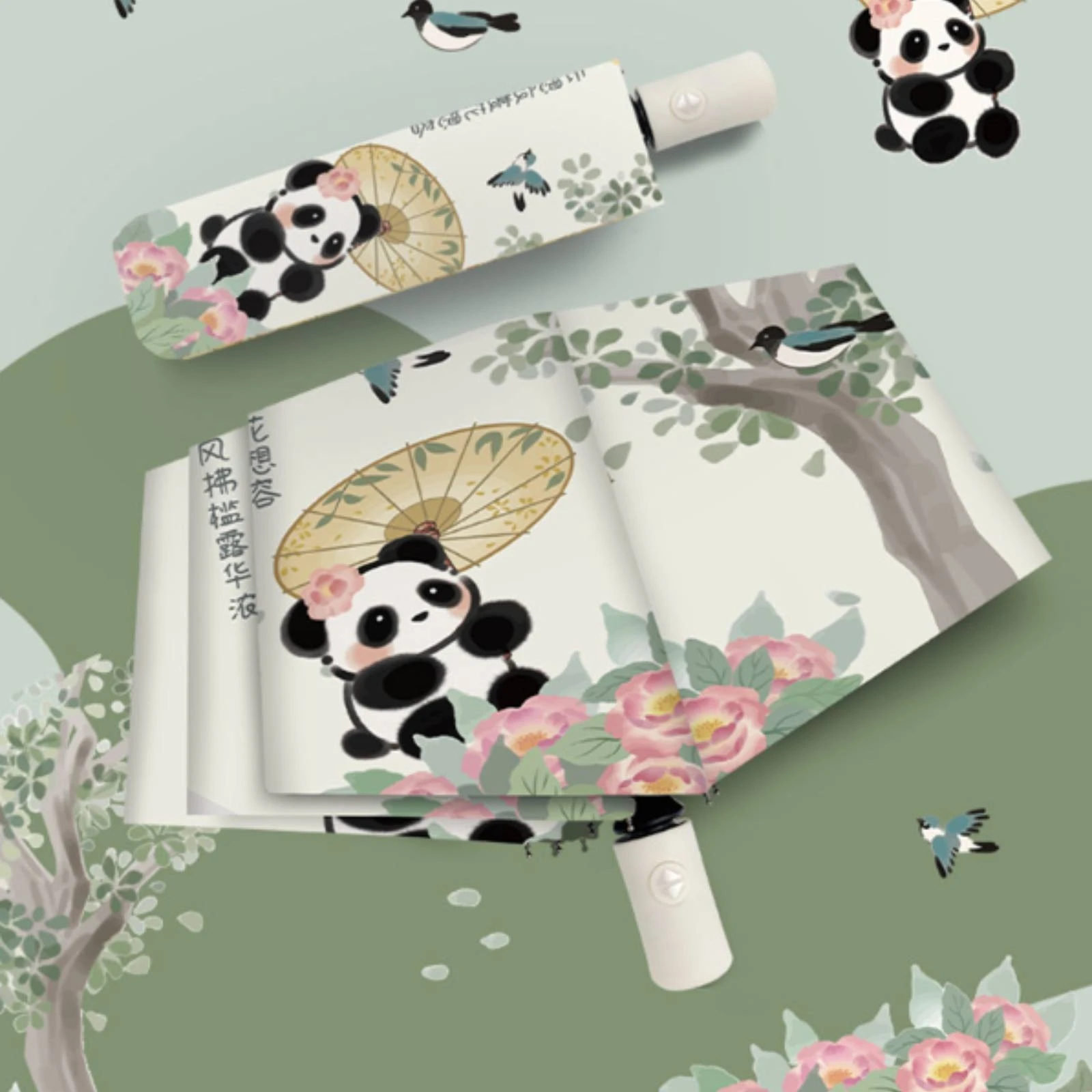 

Compact Folding Umbrella Chinese-Style Compact Travel Umbrella Rain Cover Panda Print Illustrated Pattern