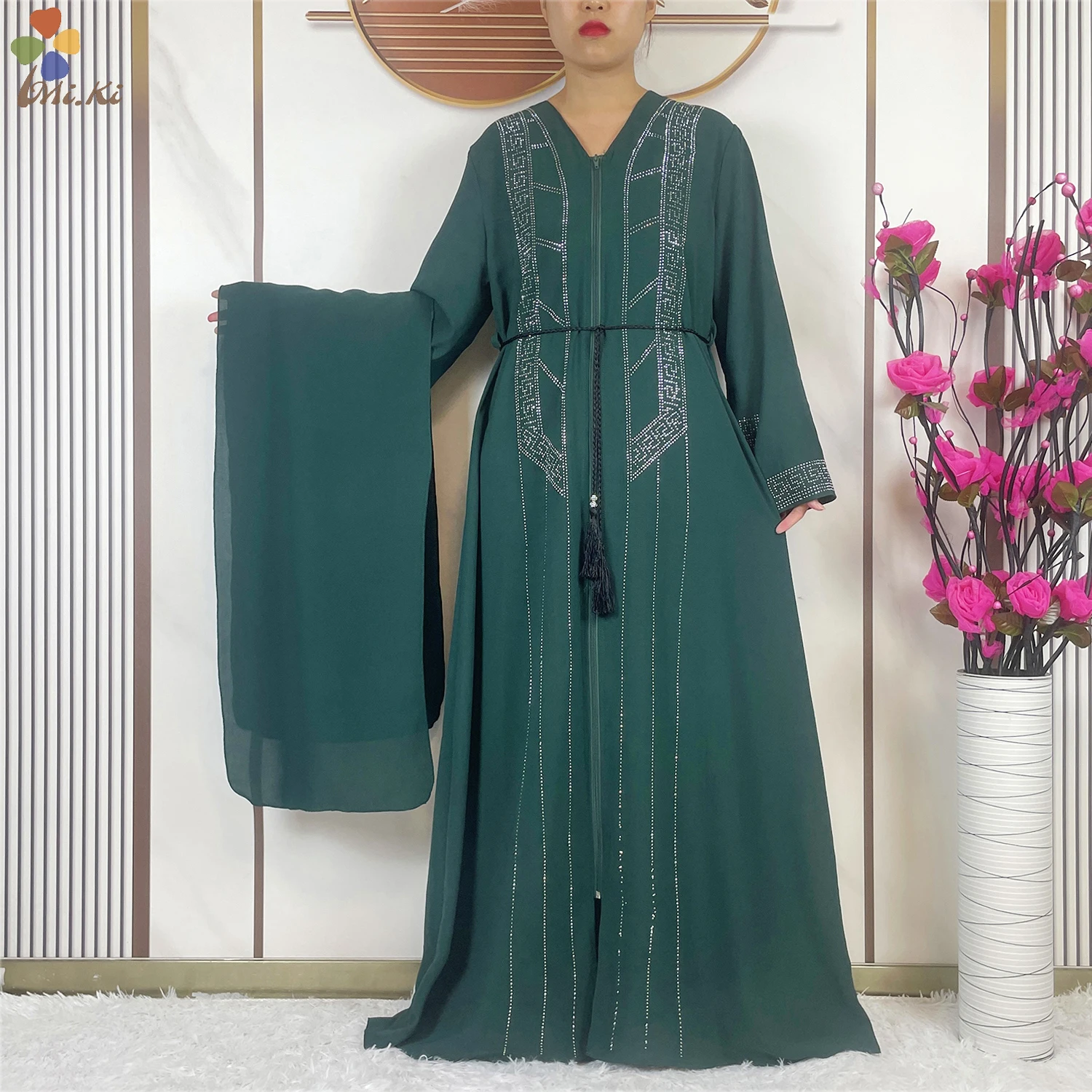 African Abaya Women Elegant Clothing Chiffon Hot Diamond Loose Robe Muslim Women cardigan Zipper Robe Dubai Islamic Clothing