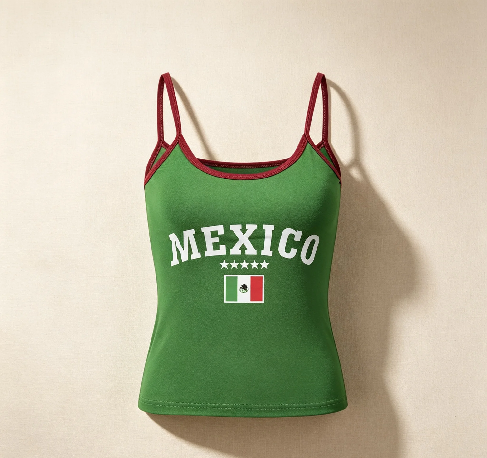 Women Y2K Mexico Flag Print Cami Top Contrast Color Spaghetti Straps Slim‑Fit Tank Top Latina Aesthetic Casual Daily Going‑Out S