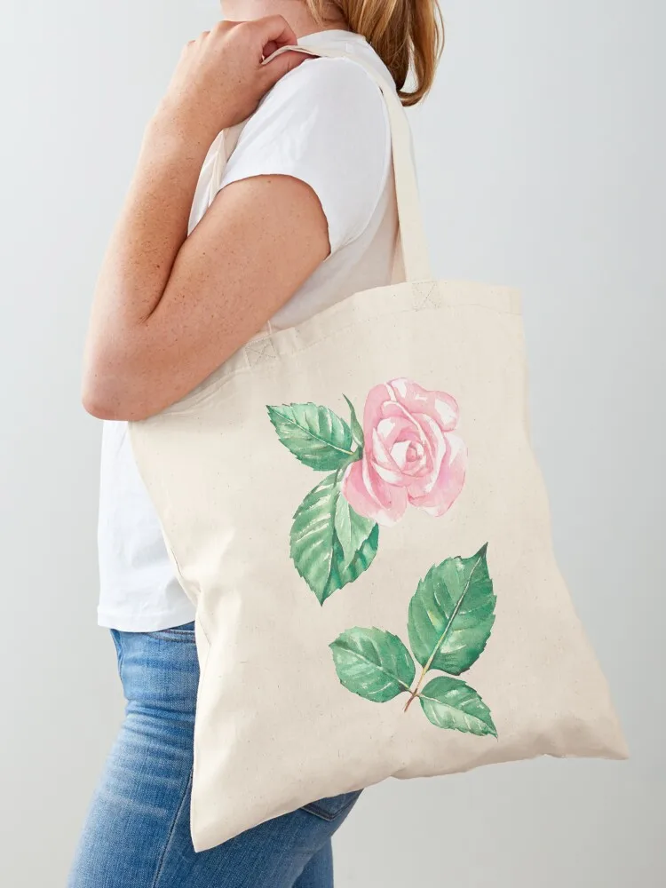 

Hand-painted watercolor pink rose with green leaves - sticker set Tote Bag hand bag Portable shopping bag Big