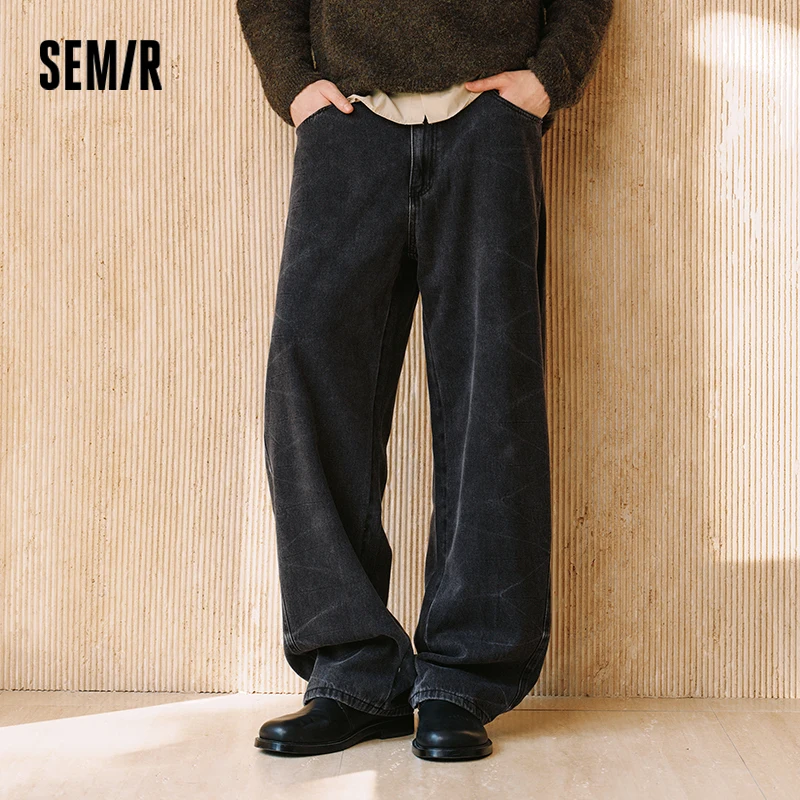 Semir Men Jeans Curved Barrel Leg Retro Washed Loose Street Casual Style Autumn Denim Pants Urban Daily Wear 2026