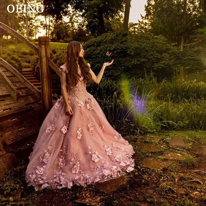 Gaun pesta bunga-bunga 3D merah muda perona pipi romantis gaun pesta leher V Quinceanera gaun Prom manik-manik applique renda panjang manis 16 gaun Vestido