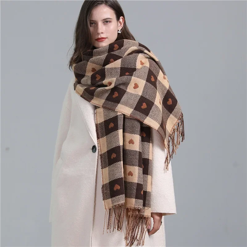 Thickening Double Layer Scarf Winter Wearing Heart-shaped Plaid Scarf for Women Acrylic Tassels Long Shawl and Neck Scarf