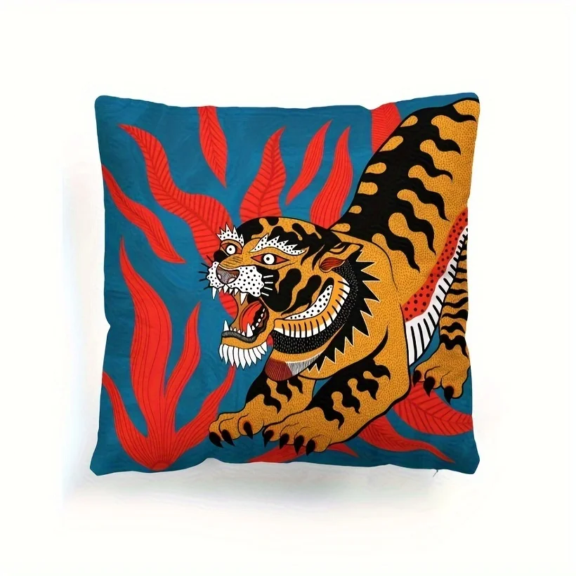 Kissenbezug mit Tiger-Print – ultraweiches Polyester, lebendiges rotes und schwarzes Design |   Für Wohnzimmer/Schlafzimmer
