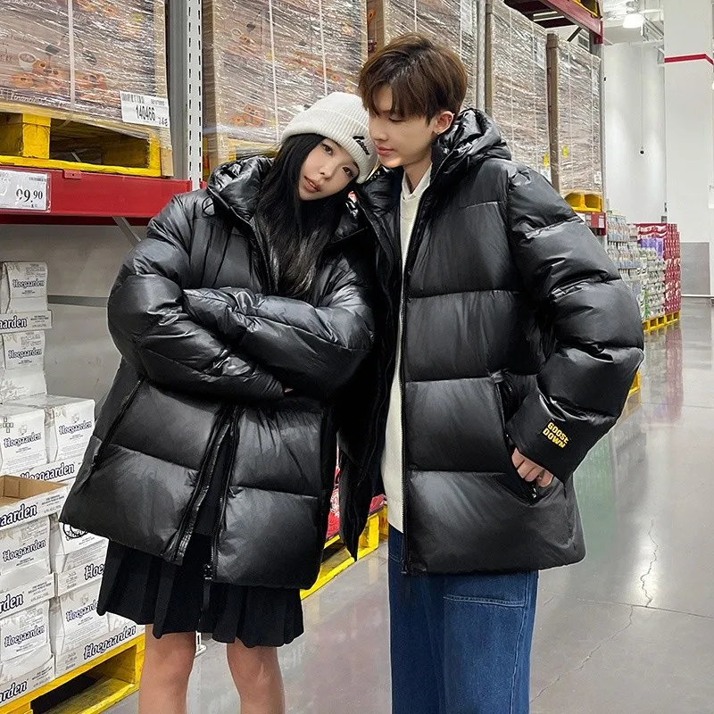 

Глянцевая черно-золотая стеганая куртка-пуховик для мужчин и женщин, утепленная зимняя верхняя одежда для пар, легкий уход