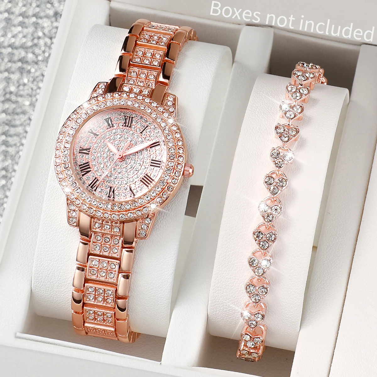 2 Stks/set Dameshorloge Luxe Diamantset Engelse Roségouden Stalen Riemhorloge Love Diamond Armband