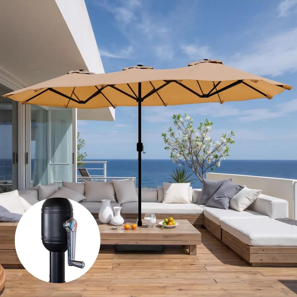 مظلة فناء كبيرة بطول 16 قدم مع مقبض كرنك، مظلة سوق مستطيلة مزدوجة الجوانب للاستخدام الخارجي مع قاعدة