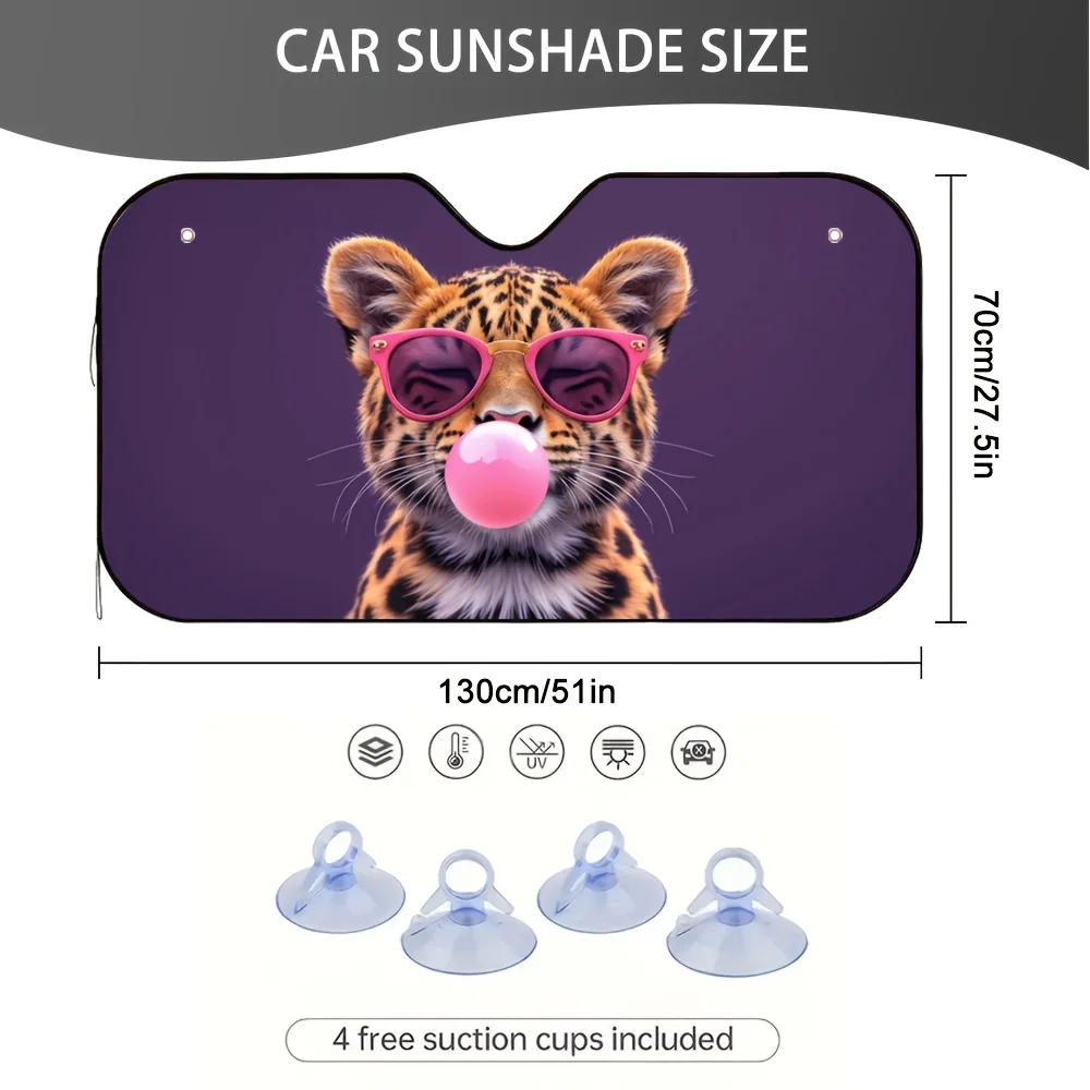 One Piece Of 2D Flat Printed Multifunctional Sunshade For Vehicles, Featuring A Stylish Leopard Design Made Of 100% Polyester. I