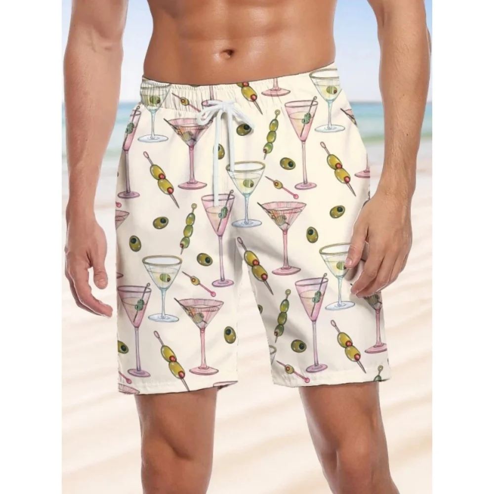 

3D Print Colorful Striped Letter Short Pants For Men Flower Cocktail Plants Pattern Beach Shorts Street Sports Loose Swim Trunks