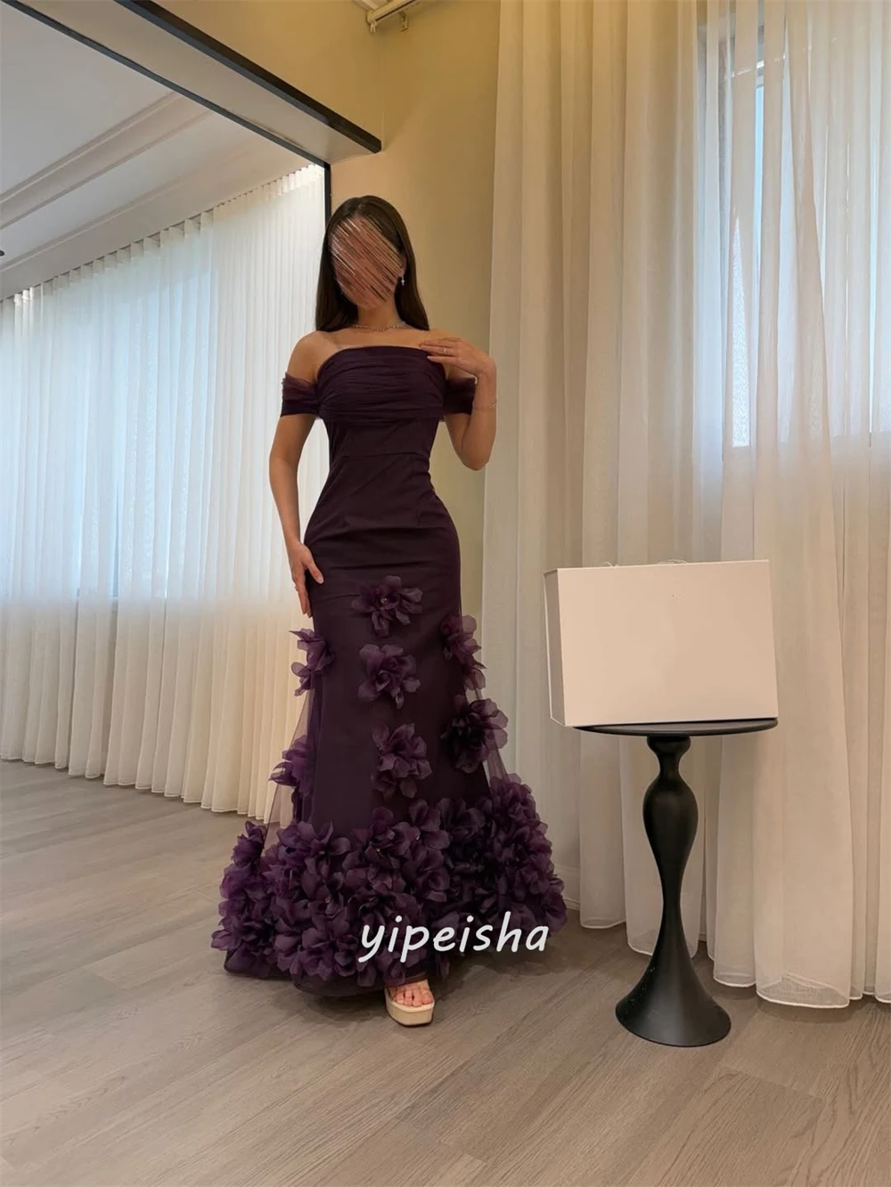 Customized High Quality Women Tulle Handmade Flower Ruched Mermaid Evening Dresses Sexy Off-the-shoulder Sleeveless Prom Dresses image 2