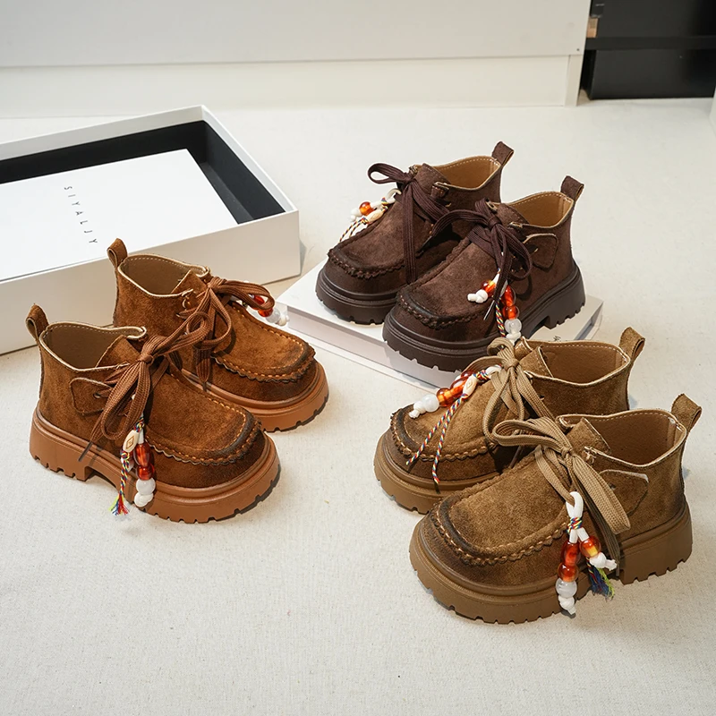 

Children's Thick-soled Fashion Boots Girls' New Lace-Up Pu Suede Leather Boy Boots Autumn Winter Footwear Casual Short Boots