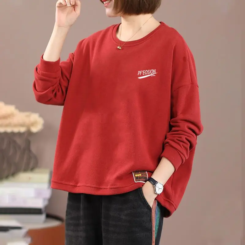 Autunno Nuovo Top T-shirt da donna Versatile girocollo Camicia a maniche lunghe Allentato Letterario Casual Stampato Felpa elegante