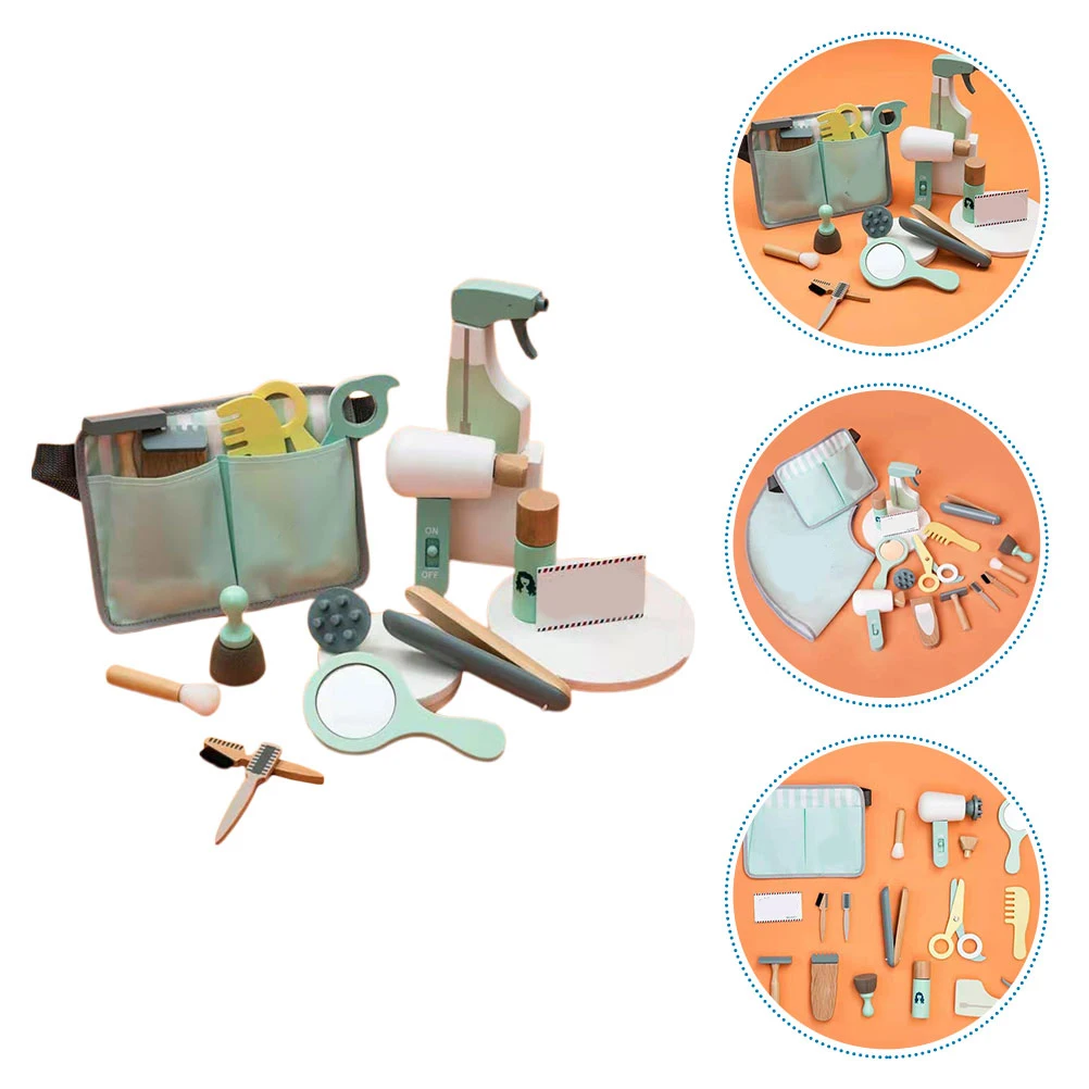 1 set Wooden Haircut Tool Kit for Kids Children Pretend Play Toy Educational Shop Dryer Hairdresser Set Pretend Plaything