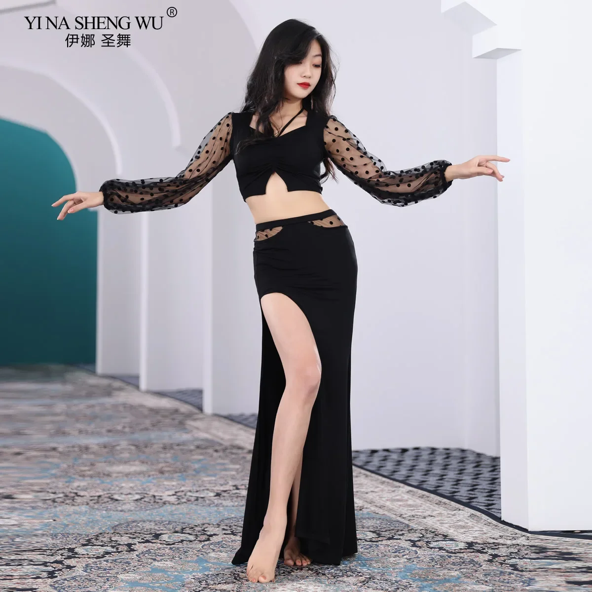 Belly Dance Suit Clothing Female Practice Suit Oriental Dance Suit Beginner Long Skirt Lantern Sleeve Top Performance Clothing