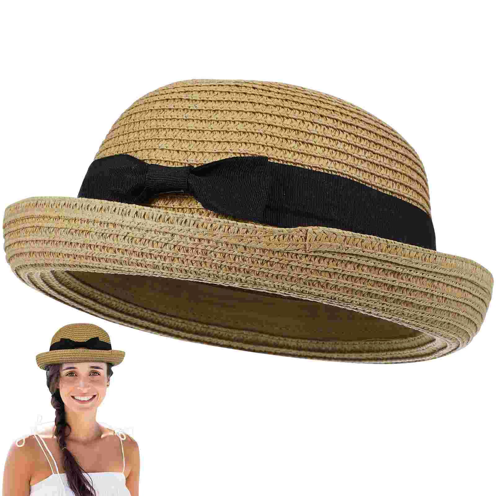 Fashion Women's Girls Bowknot Roll-up Wide Brim Dome Straw Summer Sun Hat Bowler Beach (Light Coffee)