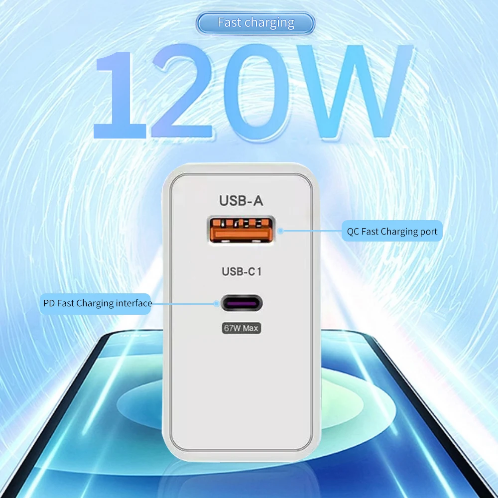 120 واط PD شاحن USB شحن سريع نوع C شاحن الهاتف المحمول مع كابلات البيانات آيفون 15 سامسونج محولات الحائط الشحن السريع