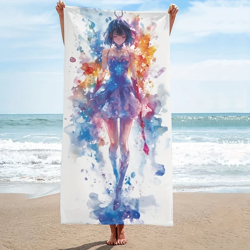 Anime-Style Magical Girl Beach Towel - Quick Dry Towel with Vibrant Watercolor Design for Travel, Pool, Bath room