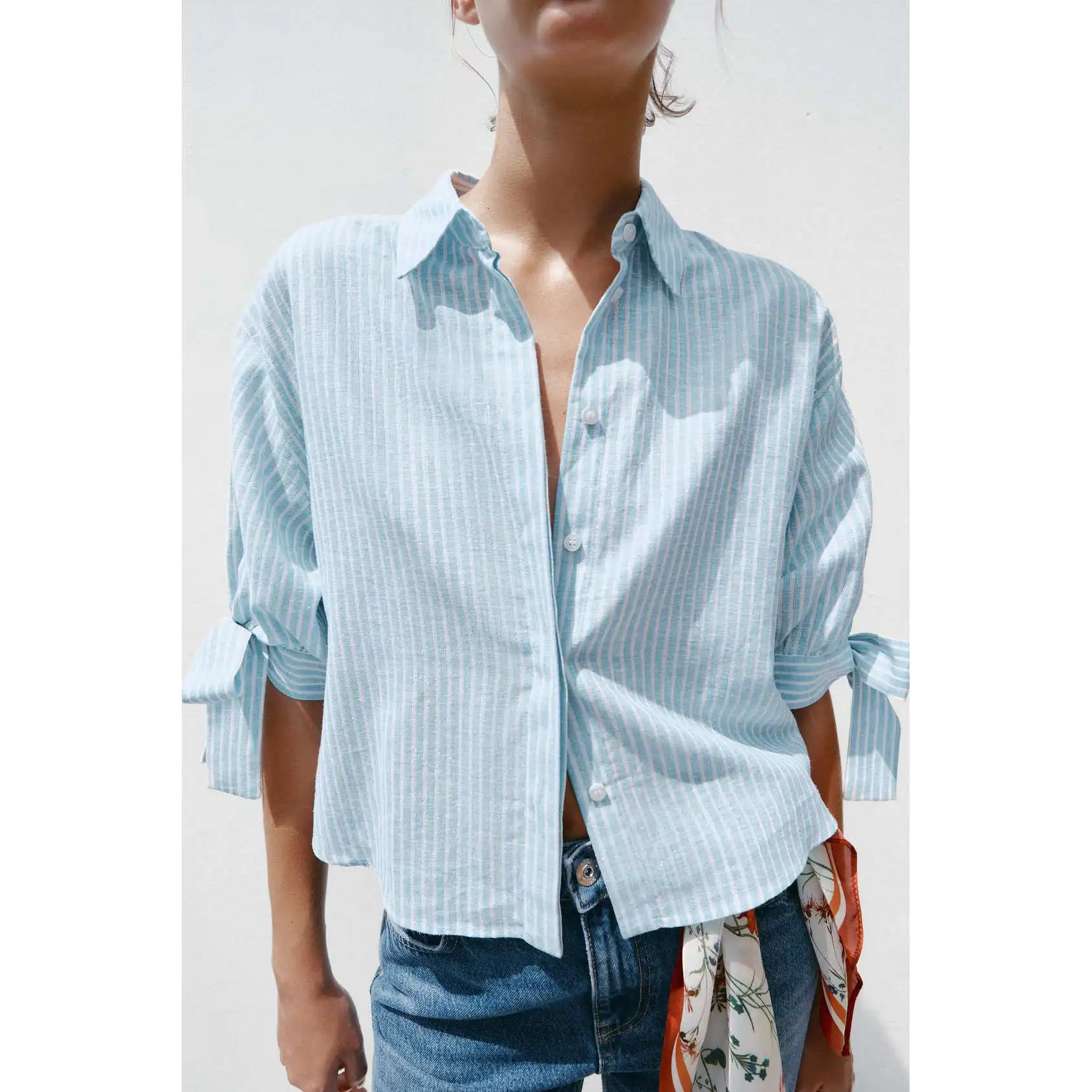 

Дизайнерский полосатый декор с узлом Lazy Sle, эффект похудения, женский летний дышащий тонкий воротник ort Sve