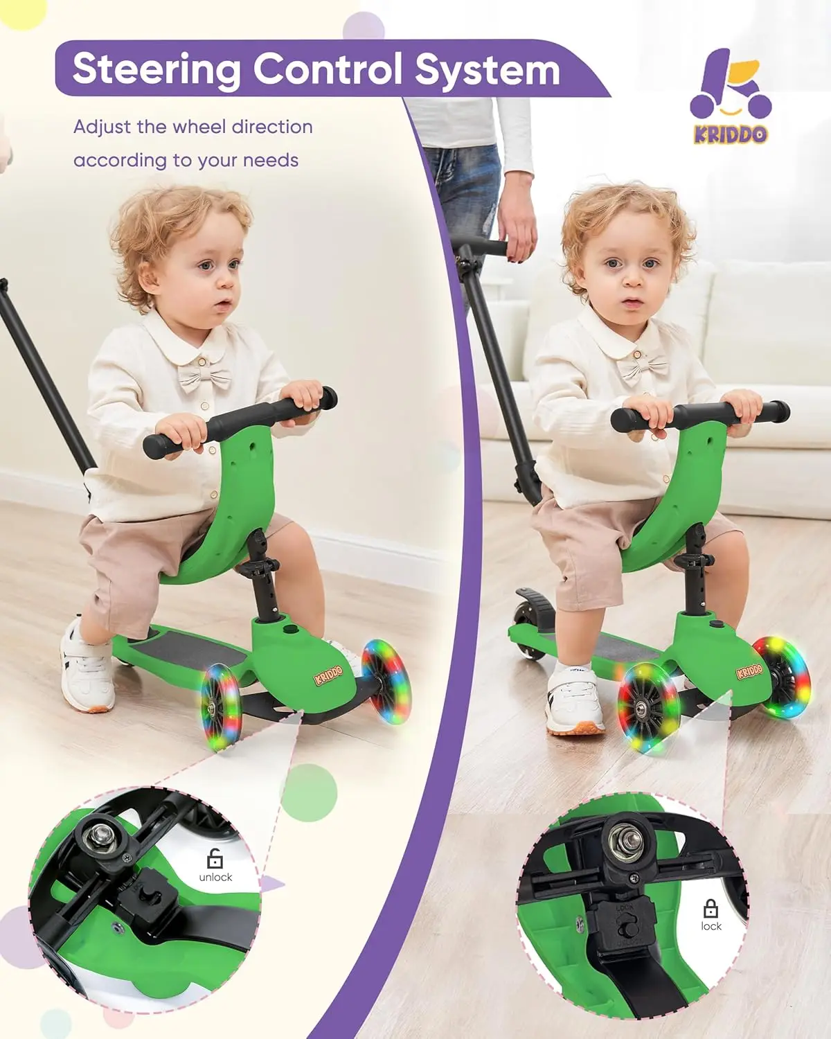 Trottinette Pliante 5 en 1 pour Enfants de 1 à 5 Ans, avec 3 Roues Éclairées, Planche Large sur Pied, Réglable, Recommandée, Apprendre