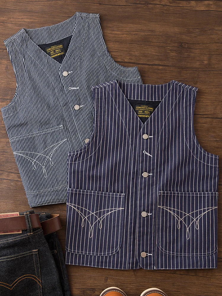 American Retro Outdoor Men's Denim Vest Striped Workwear Multi-Pocket Layering Fashion Urban Cotton Standard Fit V-Neck Vest