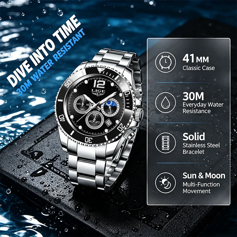 LIGE Men's Watch Stainless Steel European American Business Leisure Quartz Watch Waterproof Outdoor Sports Watch Reloj Hombre