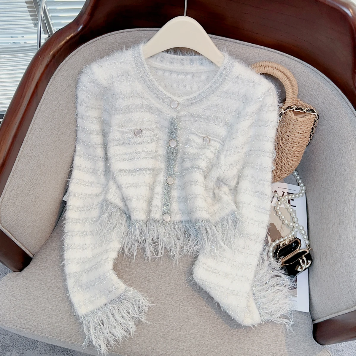 Faux Mink Tassels Knitted Cardigan Women Sweater Crop Tops 2023 Autumn Silver Thread Stylish Chic Elegant Vintage Ladies Jumpers