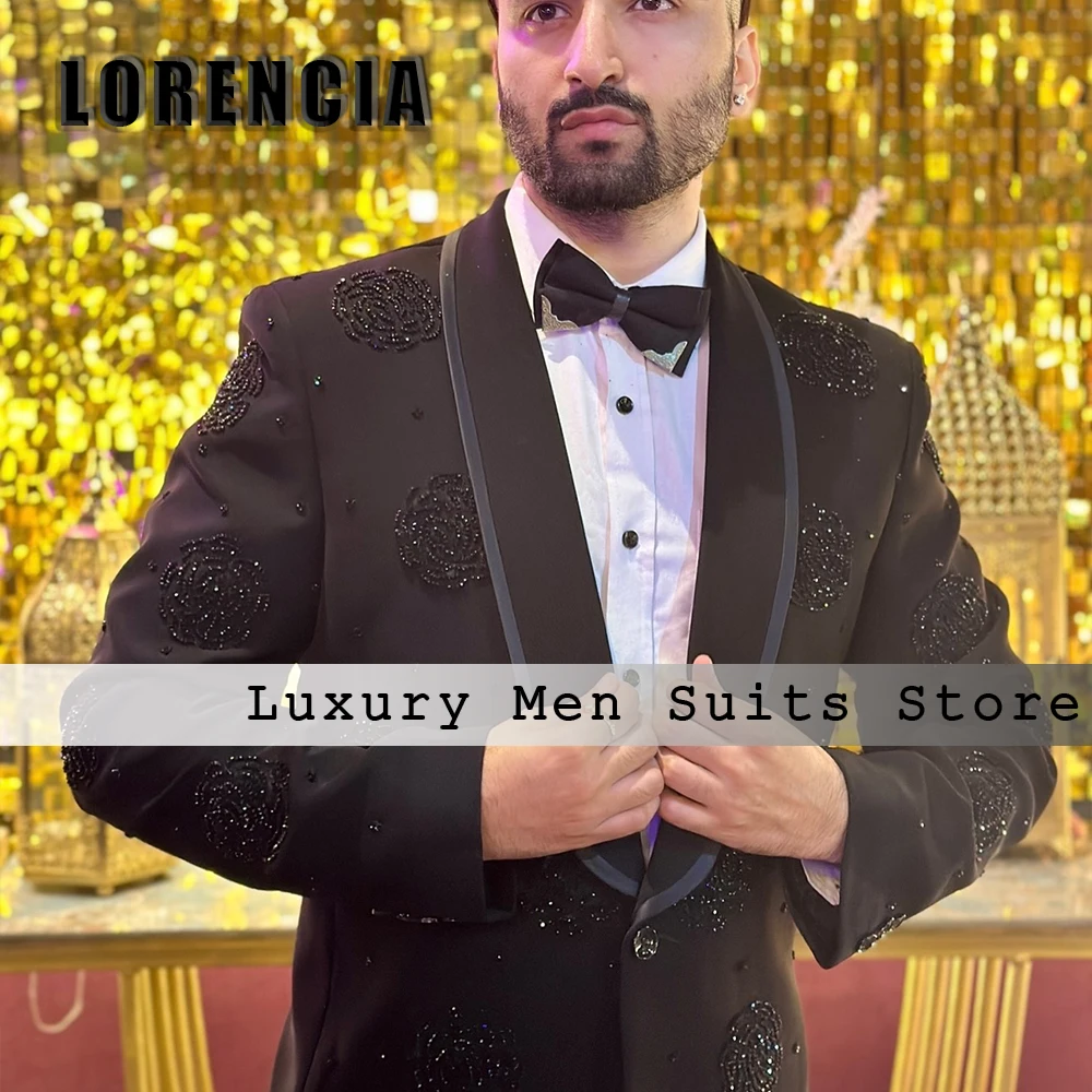 Elegant Crystal Men Suits 2 Pieces Single Breasted Wedding Groom Tuxedos Customized Blazer Pants ternos masculino completo