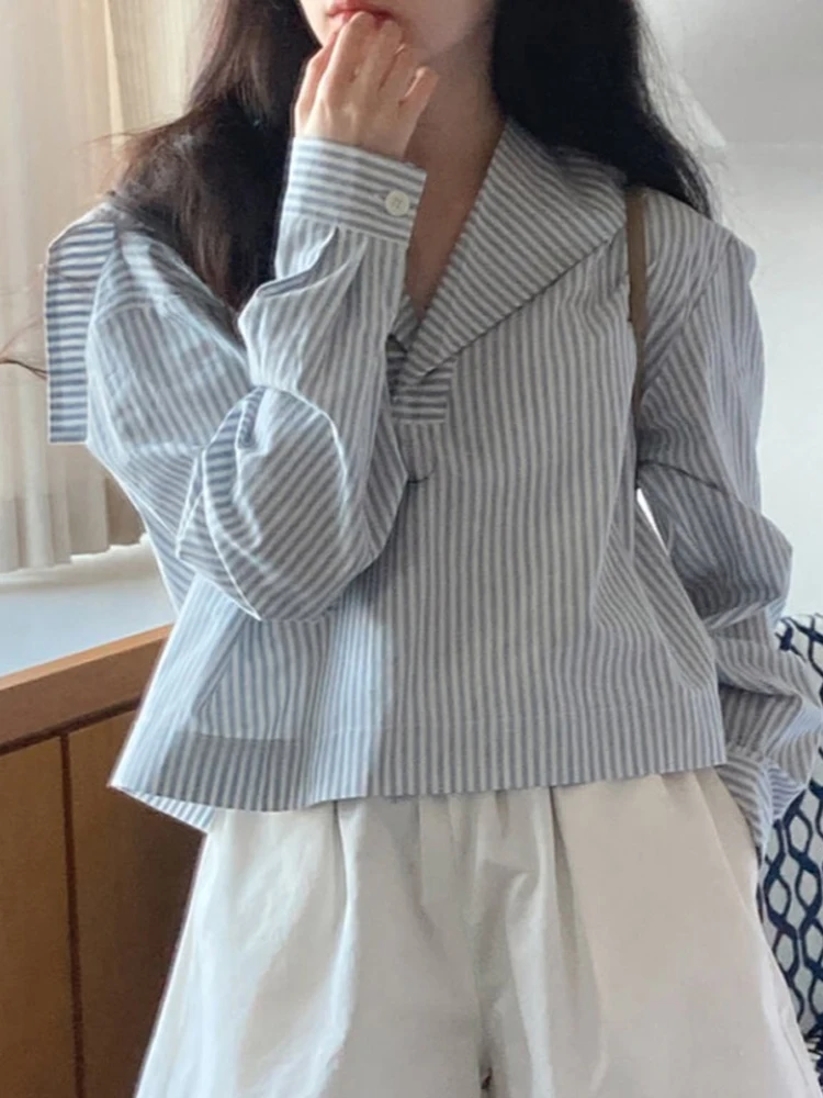 Modna, luźna, długa bluzka damska w paski, granatowy kołnierzyk, wczesna jesień, unikalny krótki top, młodzieżowy styl, do pracy, modny.