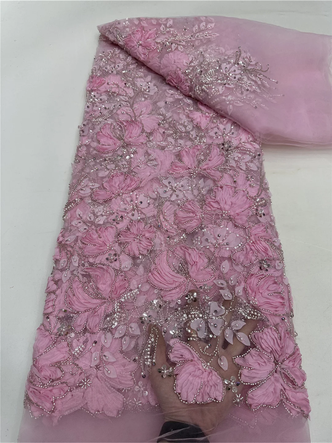 French Sequins Beaded Fabric For Sewing Wedding Party Lace Dresses Patchwork Material Tulle Fabric 5 Yards - RF