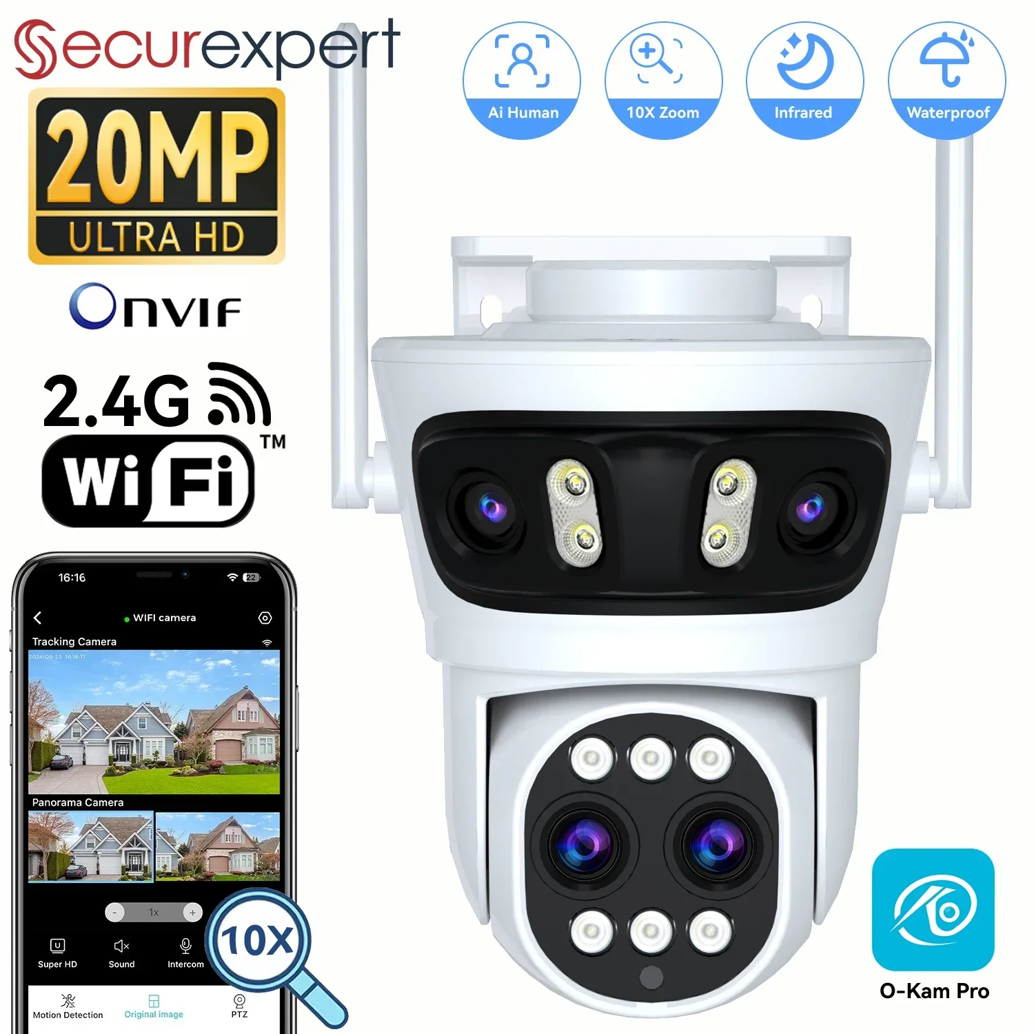 Securexpert 20MP WiFi PTZ Camera Three Screens 180° Wide Angle Auto Tracking 10X Digital Zoom 15MP Security Protection O-Kam Pro