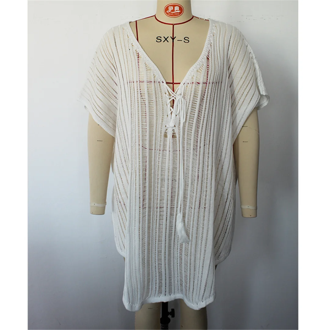 Neues, kurzärmeliges, einfarbiges, gehäkeltes Strick-Tunika-Strandkleid mit V-Ausschnitt, Strandkleid, Strandmode, Damen V8534 – Detail 10