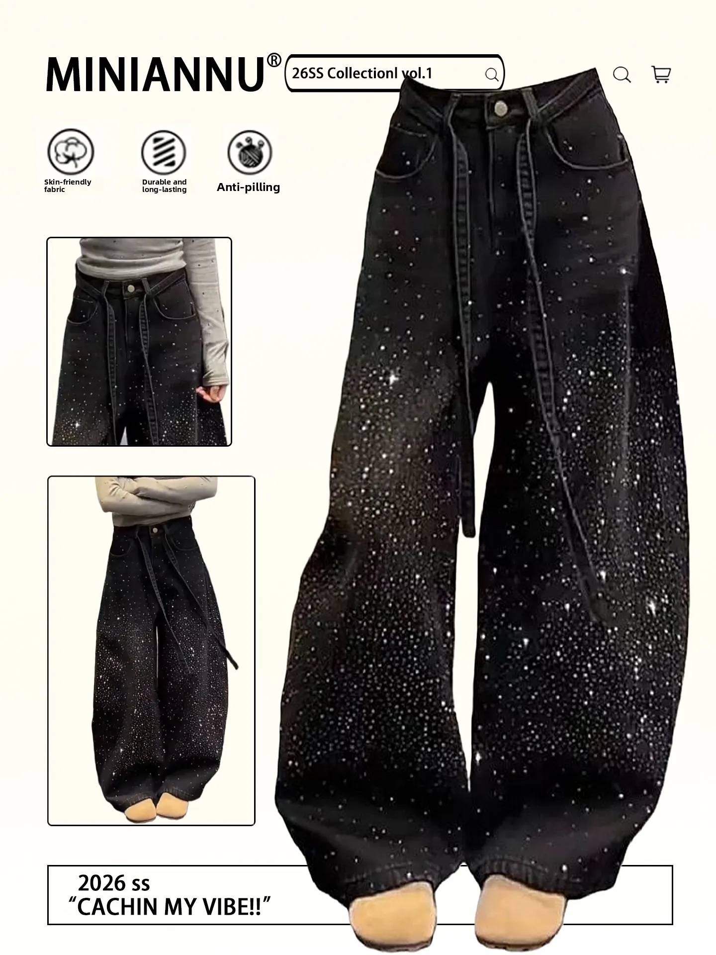 plus Size Women's Black Sequin Embellished Denim Pants High Waist Straight Leg Slimming Wide Leg Long Trousers for Pear Shape...